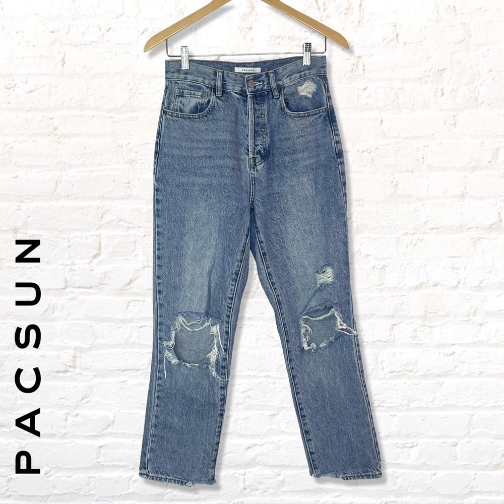 PacSun High Rise Straight Leg Jeans with Vintage Wash Size 25 Ripped Knees